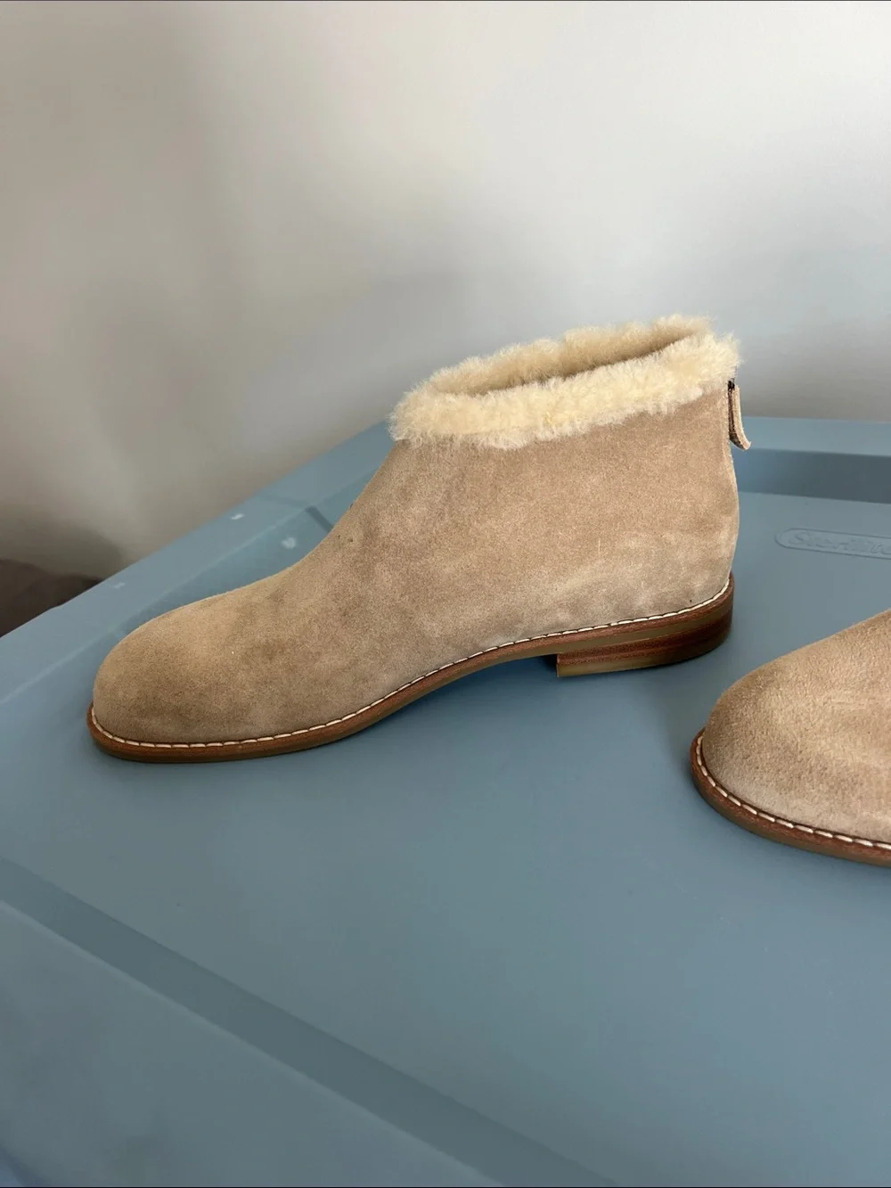 Eileen Fisher drift ankle boot booties biscuit sport suede leather tan shearling